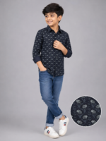 Boys' Navy Blue Floral Print Casual Shirt