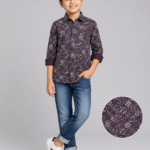 Boys' Trendy Plum Abstract Floral Print Full Sleeve Shirt