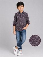 Boys' Trendy Plum Abstract Floral Print Full Sleeve Shirt