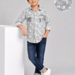 Boys Grey Floral Print Button-Down Shirt with Graphic Details