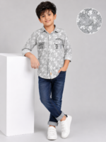 Boys Grey Floral Print Button-Down Shirt with Graphic Details