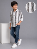 Boys' Stylish Grey & White Textured Stripe Full-Sleeve Shirt