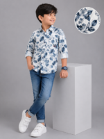 Boys' Blue Watercolor Leaf Print Casual Cotton Shirt - Image 2