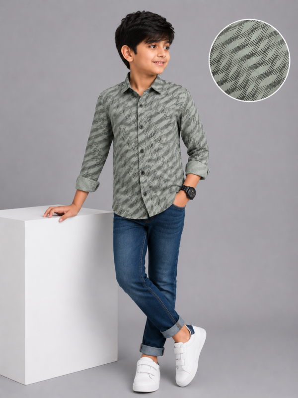 Boy's Sage Green Abstract Print Full Sleeve Casual Shirt - Image 3