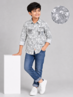 Boys Grey Floral Print Button-Down Shirt with Graphic Details - Image 3
