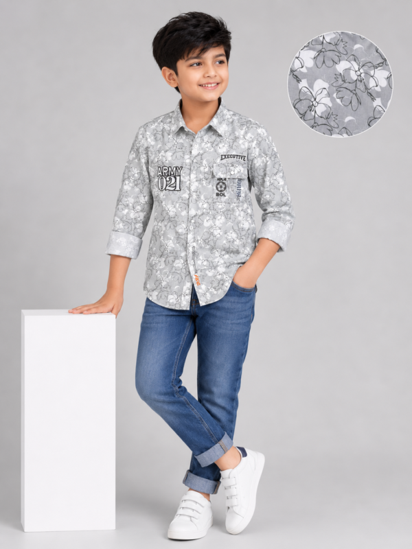Boys Grey Floral Print Button-Down Shirt with Graphic Details - Image 3