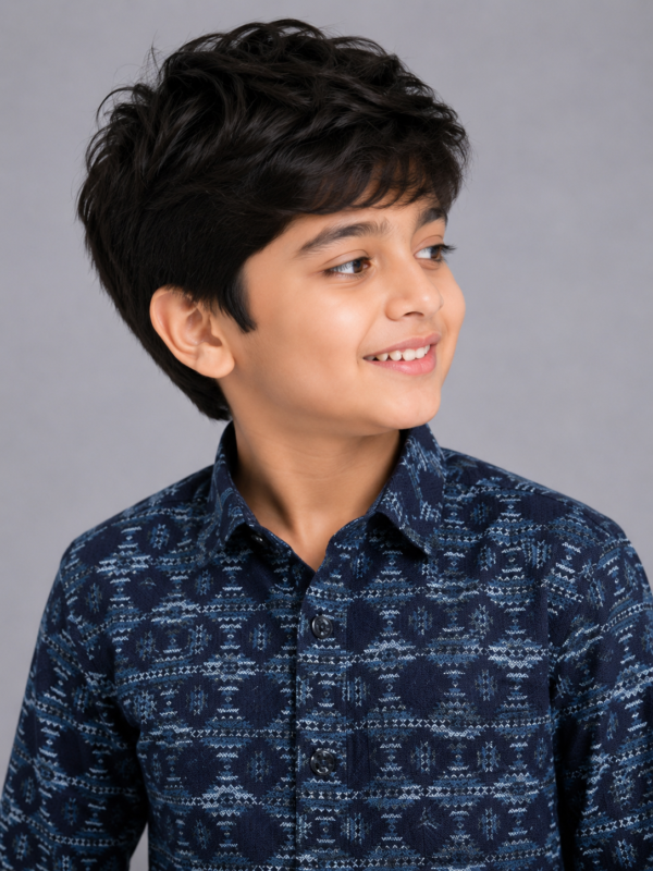 Boys' Navy Tribal Geometric Print Long Sleeve Casual Shirt - Image 2