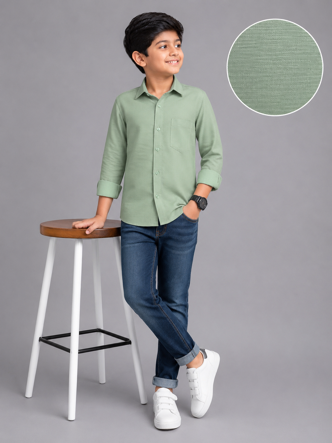 d3f26a9c-38f5-4d65-8258-edfac458fc03 Boys' Sage Green Textured Long Sleeve Casual Shirt - Image 1