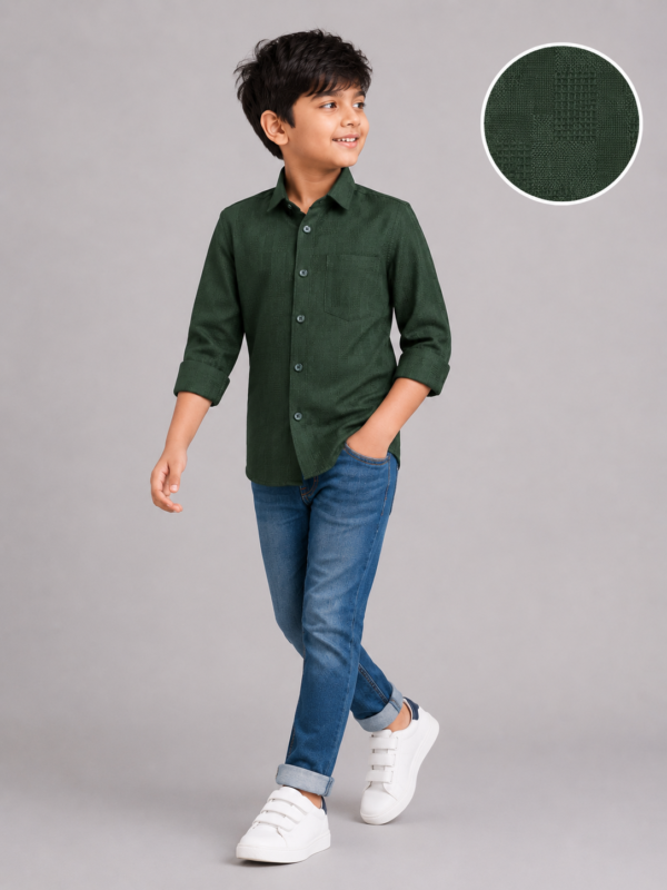 Boys' Forest Green Textured Cotton Casual Shirt - Image 3