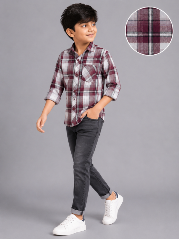 Boy's Burgundy & White Plaid Casual Shirt - Image 2