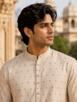 Elegant Beige Embroidered Cotton Kurta for Men - Image 4