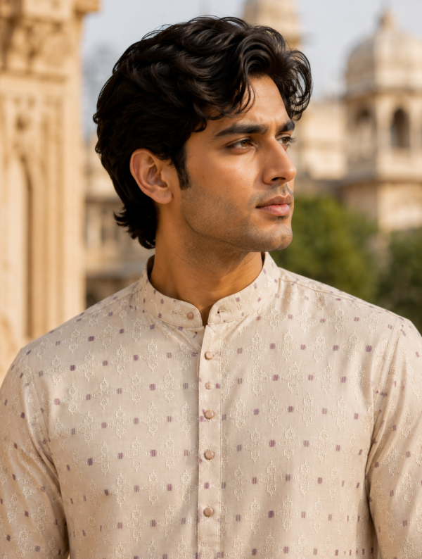 Elegant Beige Embroidered Cotton Kurta for Men - Image 4