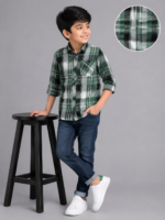 Boys' Stylish Green Plaid Button-Down Casual Shirt