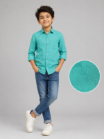 Boys' Aqua Textured Slub Cotton Casual Button-Down Shirt