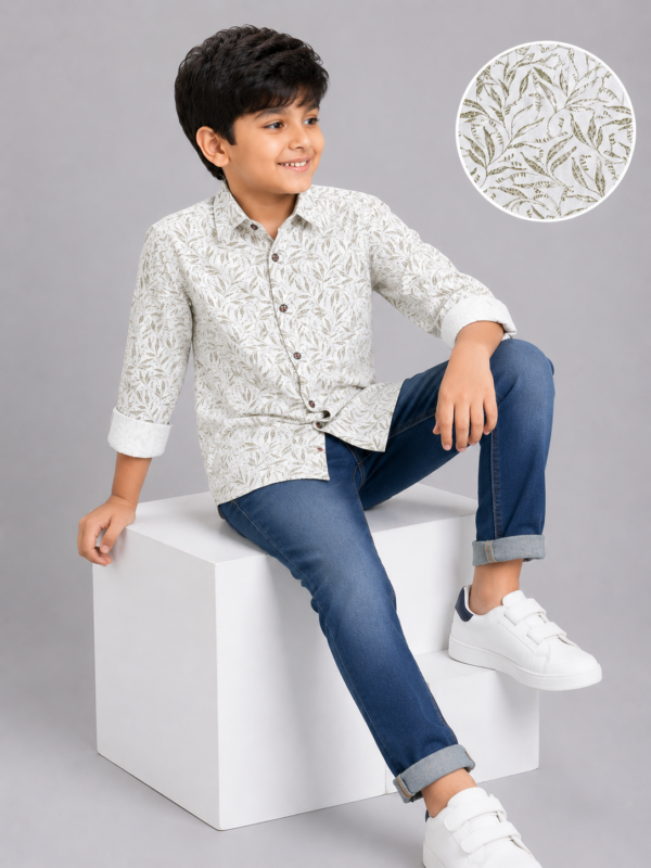 Boys' Olive Leaf Botanical Print Casual Shirt - Image 4