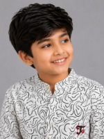 Boy's Abstract Swirl Print Mandarin Collar Shirt - White & Black - Image 2