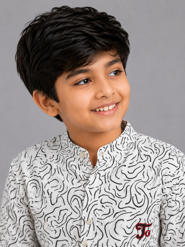 Boy's Abstract Swirl Print Mandarin Collar Shirt - White & Black - Image 2
