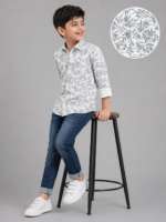 Boys' White & Grey Leaf Print Casual Shirt