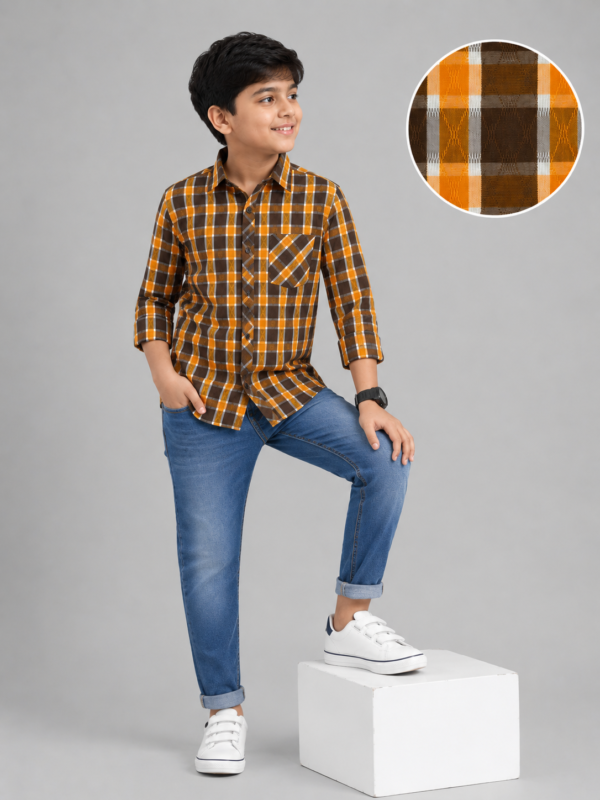 Boys' Autumn Plaid Casual Button-Down Shirt | Orange & Brown Check - Image 3