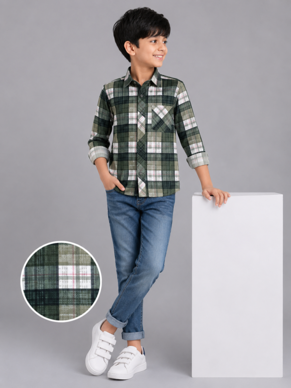Boys' Stylish Green & White Plaid Button-Down Shirt - Image 2