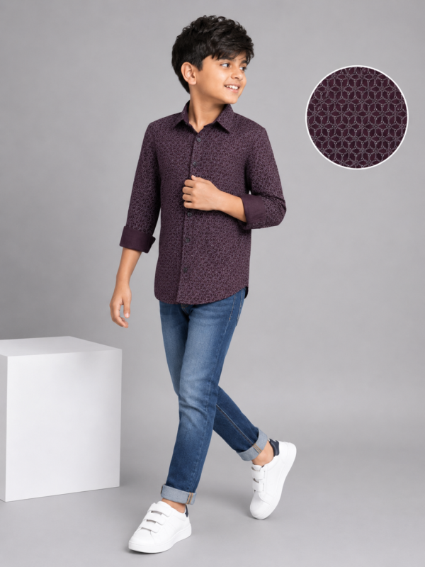 Boys' Stylish Maroon Geometric Print Full Sleeve Casual Shirt - Image 3