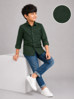 Boys' Forest Green Textured Cotton Casual Shirt - Image 4
