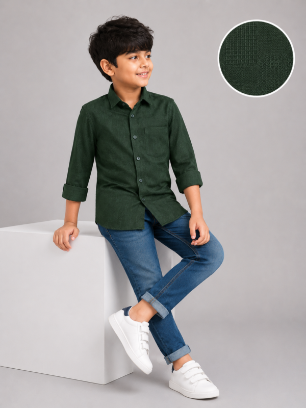 Boys' Forest Green Textured Cotton Casual Shirt - Image 4