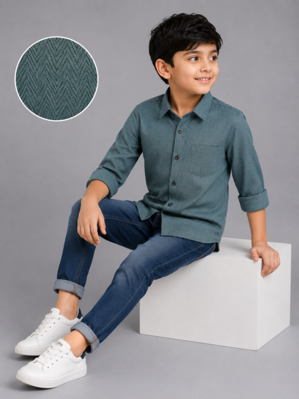 Boys Teal Herringbone Casual Button-Down Shirt - Image 3