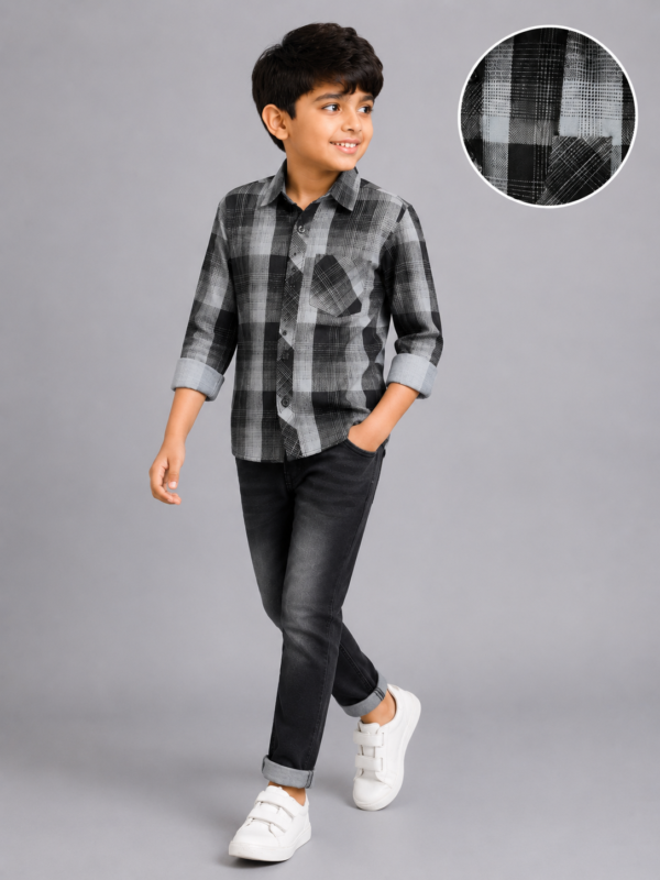 Boys' Stylish Grey & Black Plaid Casual Shirt - Image 4