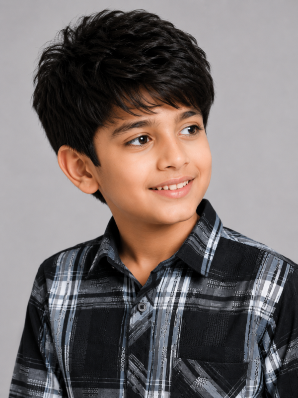 Boy's Stylish Plaid Button-Up Shirt - Black & Grey - Image 3