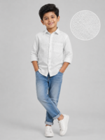 Boys' White Waffle Texture Casual Button-Up Shirt