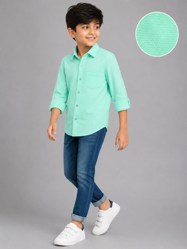 Boys' Fresh Mint Green Dobby Weave Long Sleeve Casual Shirt - Image 4