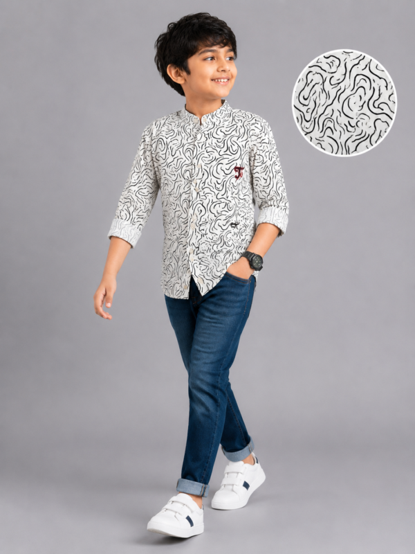 Boy's Abstract Swirl Print Mandarin Collar Shirt - White & Black - Image 3