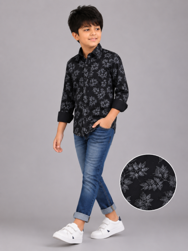 Boys' Trendy Black Floral Print Long Sleeve Casual Shirt - Image 4