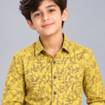 Boys' Vibrant Yellow Abstract Leaf Print Casual Shirt