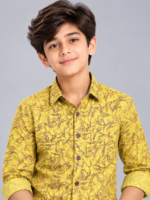 Boys' Vibrant Yellow Abstract Leaf Print Casual Shirt