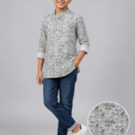 Boys' Grey Paisley Print Band Collar Casual Kurta Shirt