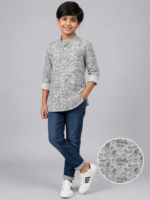 Boys' Grey Paisley Print Band Collar Casual Kurta Shirt