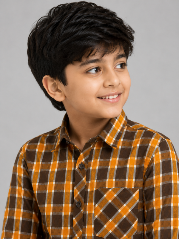 Boys' Autumn Plaid Casual Button-Down Shirt | Orange & Brown Check - Image 2