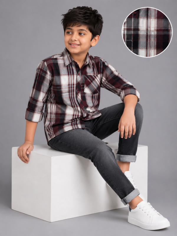 Boys' Stylish Maroon & Grey Plaid Button-Down Shirt - Image 3