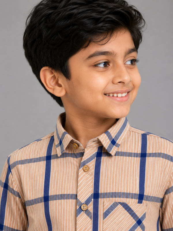 Boys' Tan & Navy Plaid Cotton Casual Shirt - Image 3