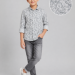 Boys' Grey Abstract Leaf Print Casual Button-Down Shirt