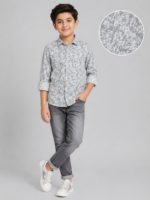 Boys' Grey Abstract Leaf Print Casual Button-Down Shirt