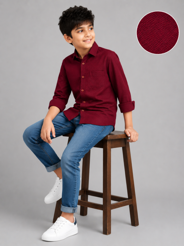 Boys' Smart Maroon Textured Full Sleeve Shirt - Image 4
