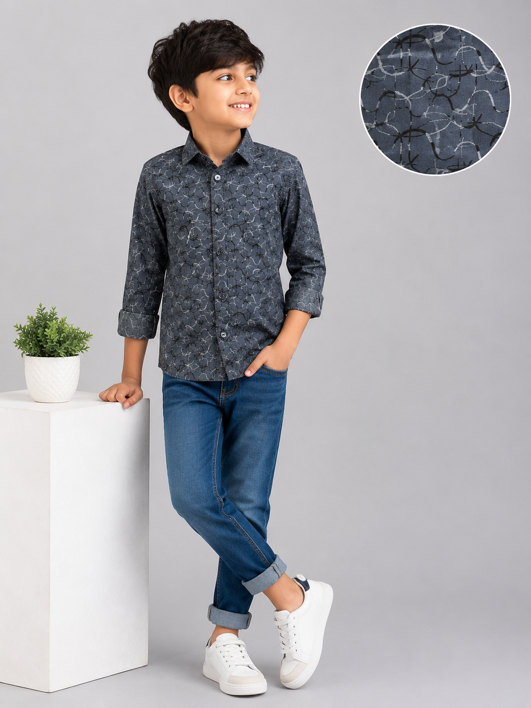 f713791f-e187-4495-82ea-727461869d76 Boys' Dynamic Charcoal Swirl Print Casual Shirt - Image 1