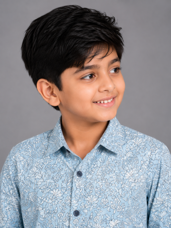 Boys' Aqua Bloom Floral Print Cotton Casual Shirt - Image 2