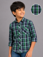 Boys' Stylish Green & Navy Plaid Casual Button-Up Shirt - Image 3