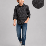 Boys' Stylish Black Floral Print Long Sleeve Casual Shirt