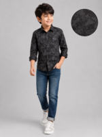 Boys' Stylish Black Floral Print Long Sleeve Casual Shirt