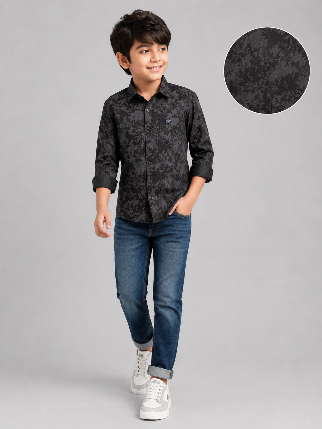 Boys' Stylish Black Floral Print Long Sleeve Casual Shirt